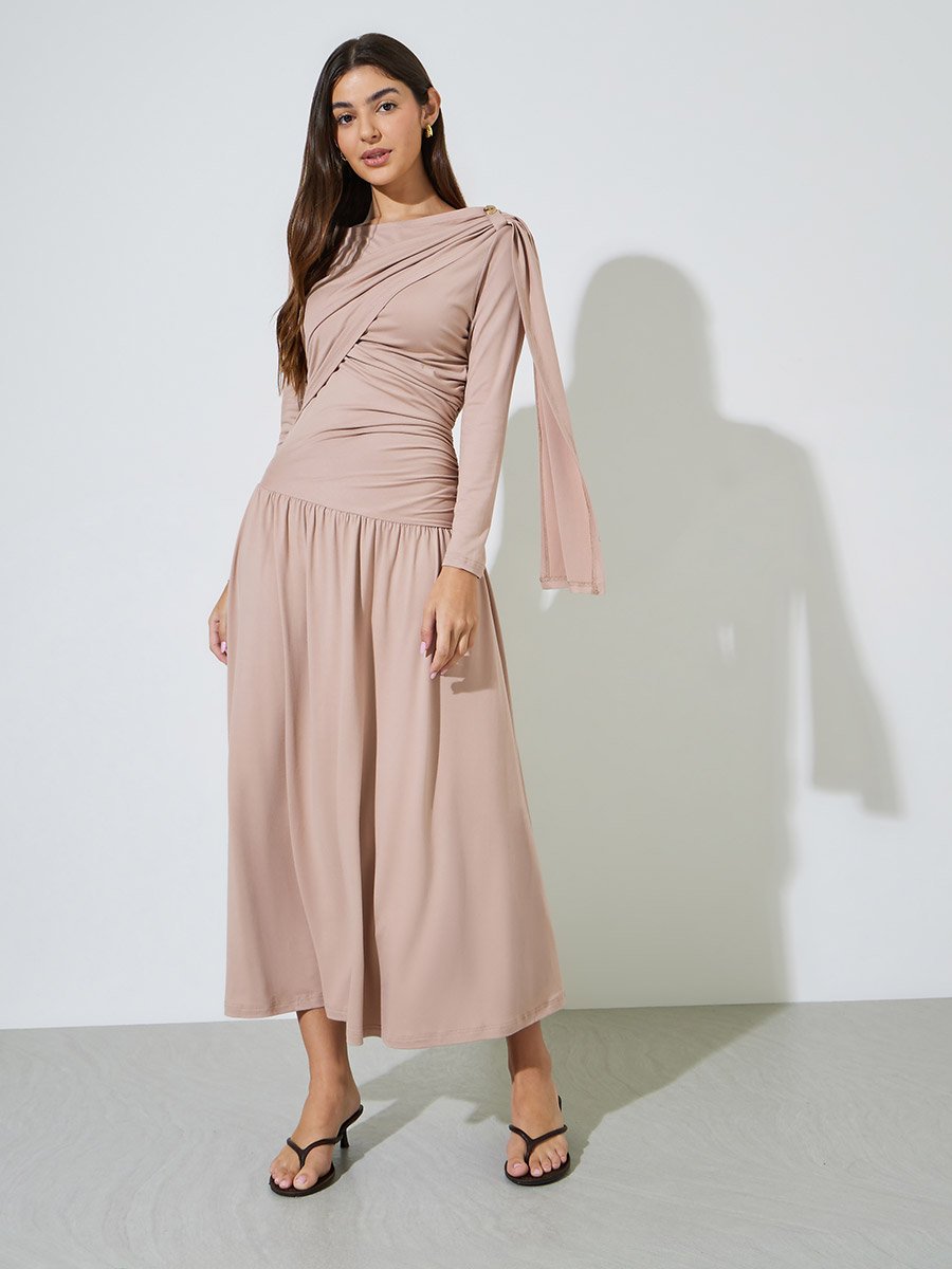 Nude Ruched Details Long Sleeve A-Line Maxi Dress