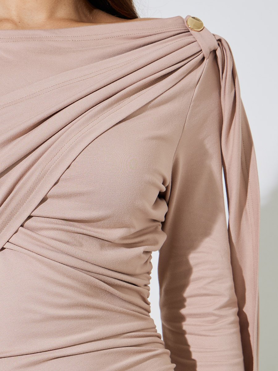 Nude Ruched Details Long Sleeve A-Line Maxi Dress