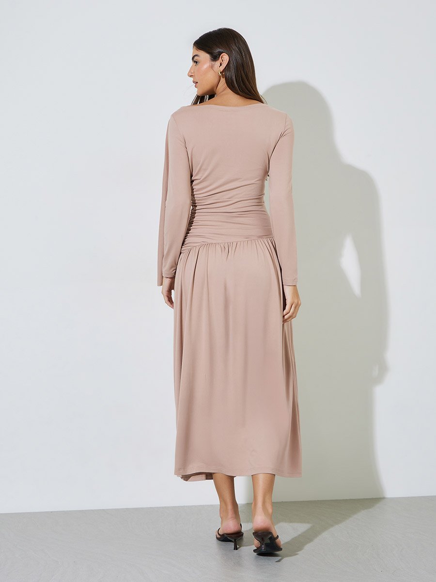 Nude Ruched Details Long Sleeve A-Line Maxi Dress