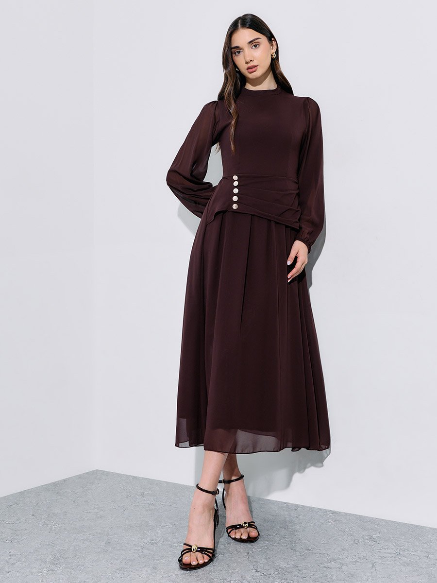 Brown Rhinestone Embellished Chiffon A-Line Maxi Dress