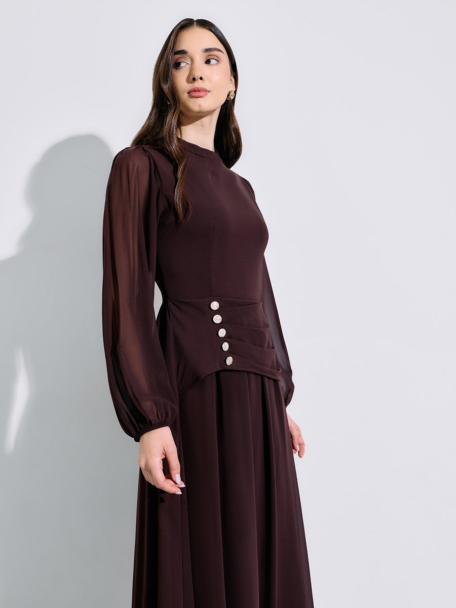 Brown Rhinestone Embellished Chiffon A-Line Maxi Dress