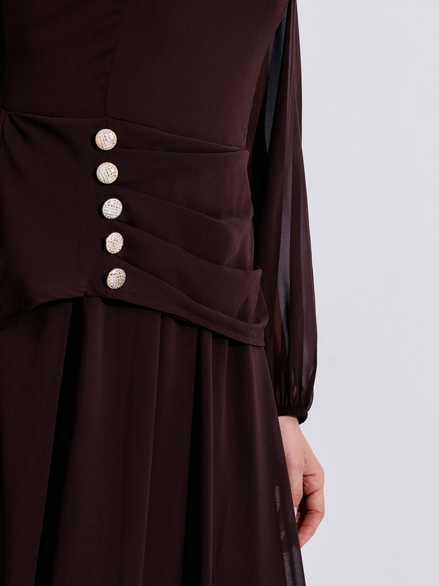 Brown Rhinestone Embellished Chiffon A-Line Maxi Dress