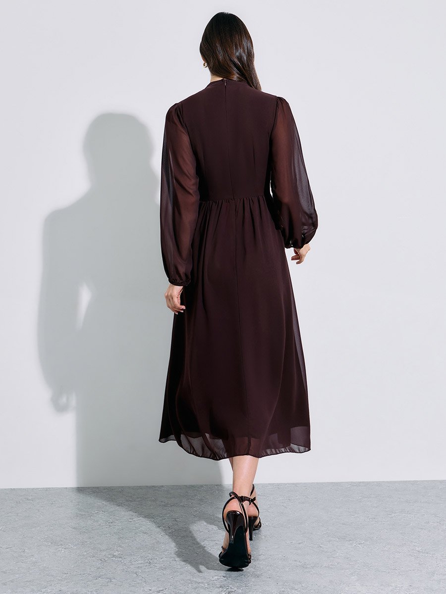 Brown Rhinestone Embellished Chiffon A-Line Maxi Dress