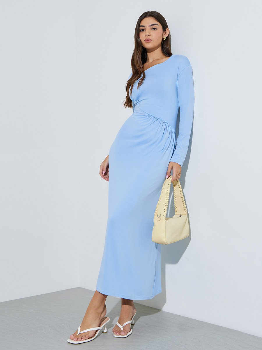 Blue Solid Asymmetric Neck Ruched Details Maxi Dress