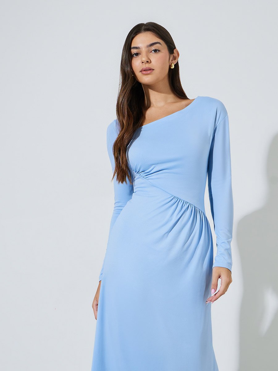 Blue Solid Asymmetric Neck Ruched Details Maxi Dress