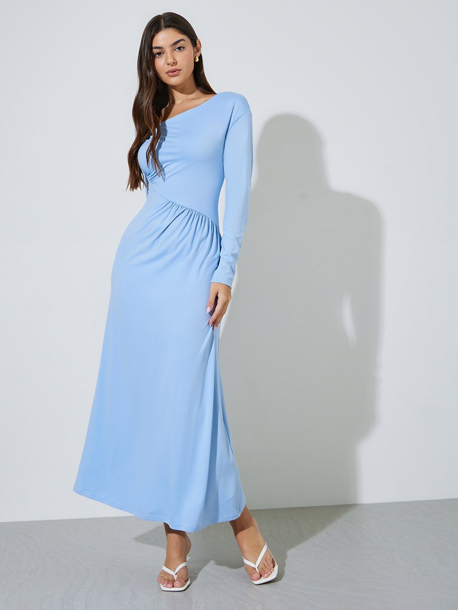 Blue Solid Asymmetric Neck Ruched Details Maxi Dress