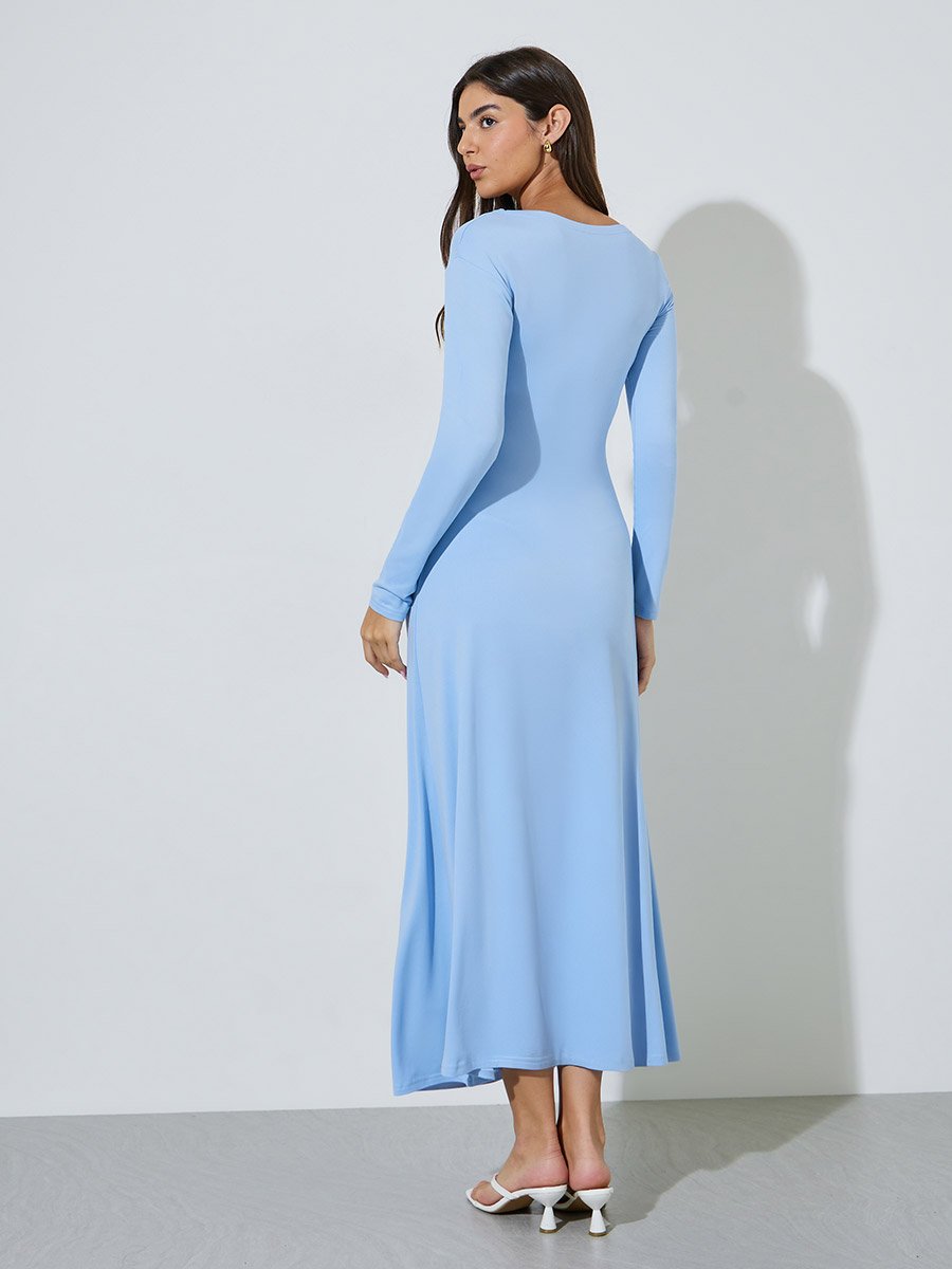 Blue Solid Asymmetric Neck Ruched Details Maxi Dress