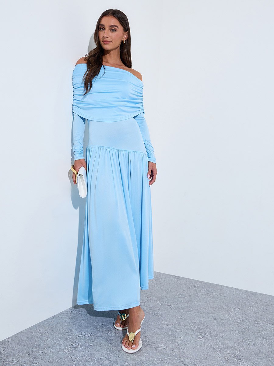 Blue Solid Off-Shoulder Neck Ruched Details A-Line Maxi Dress