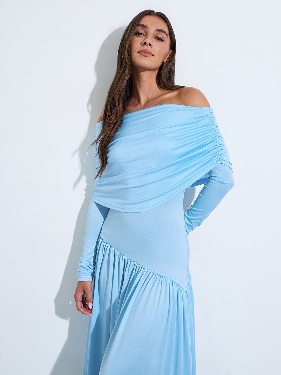 Blue Solid Off-Shoulder Neck Ruched Details A-Line Maxi Dress