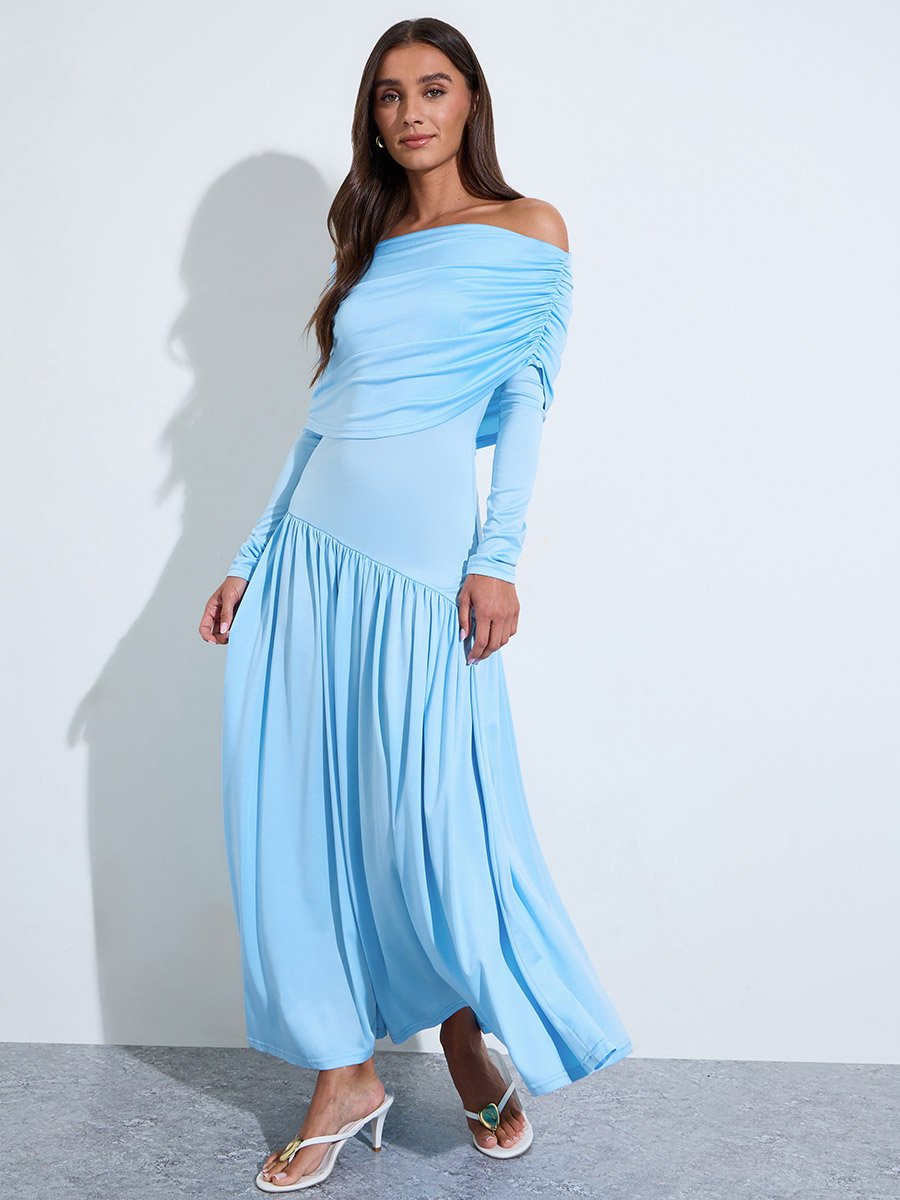 Blue Solid Off-Shoulder Neck Ruched Details A-Line Maxi Dress