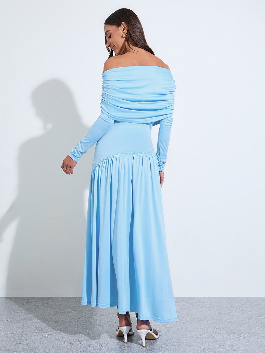 Blue Solid Off-Shoulder Neck Ruched Details A-Line Maxi Dress
