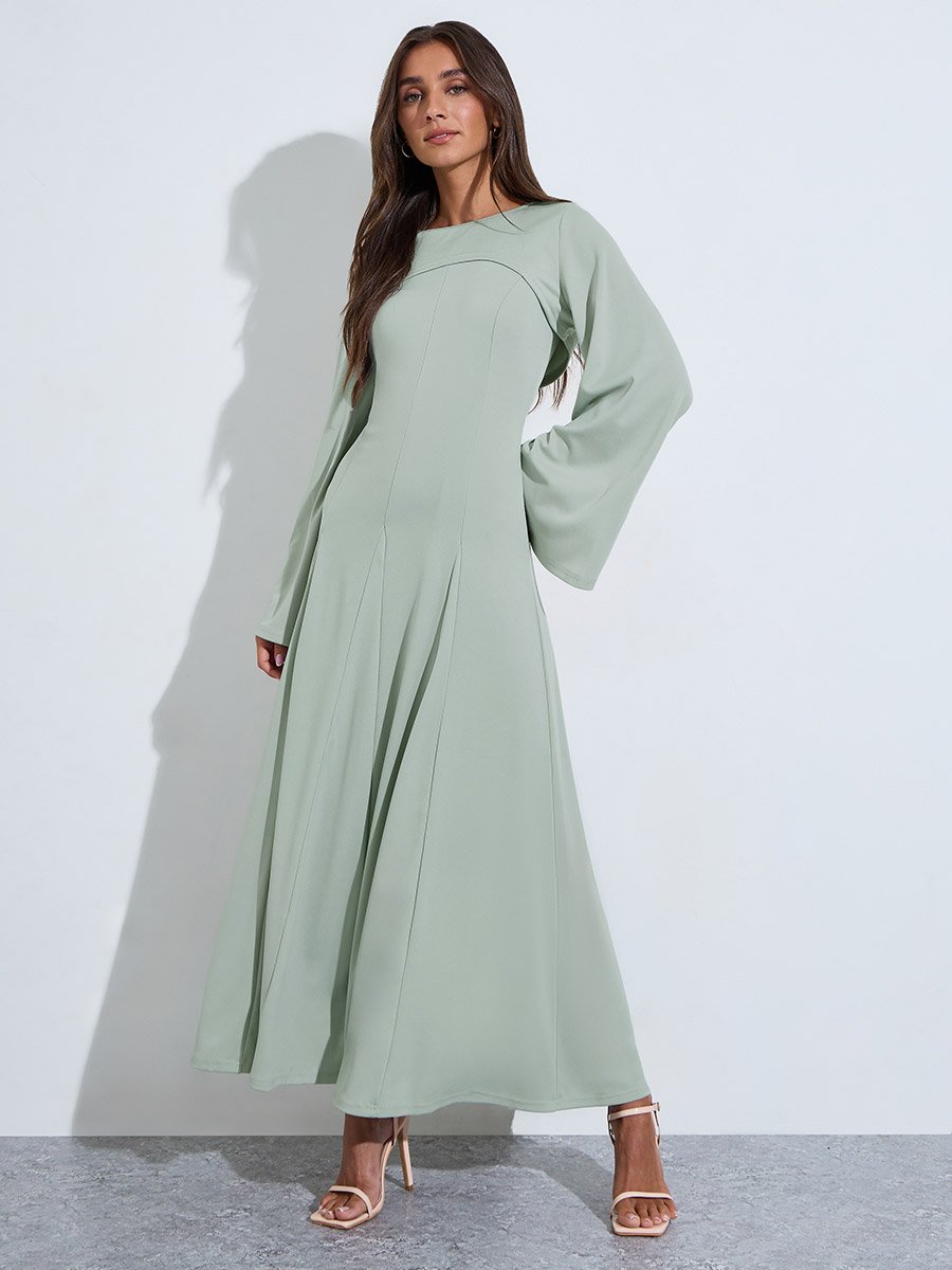 Green Solid Pleated Details A-Line Maxi Dress with Shrug