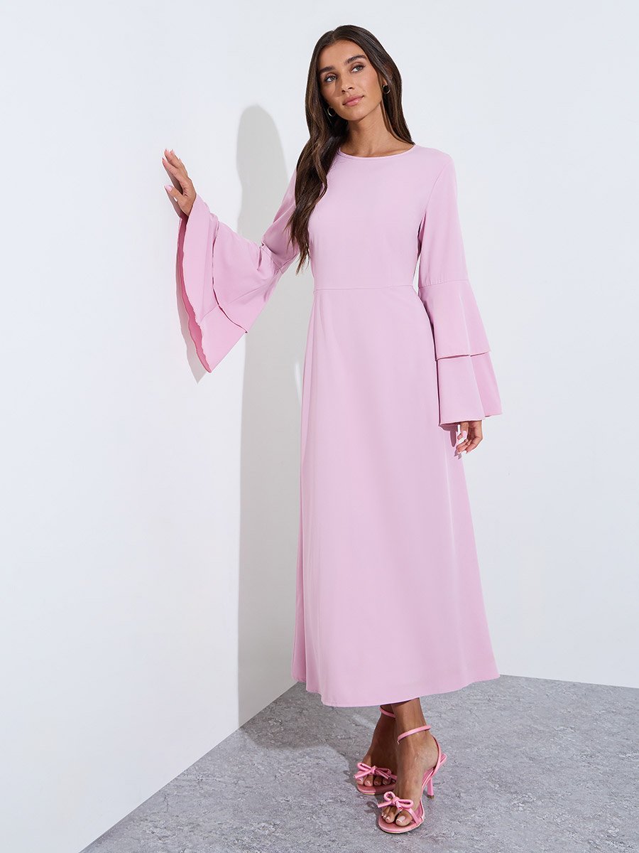Pink Solid Bell Ruffled Sleeves A-Line Maxi Dress