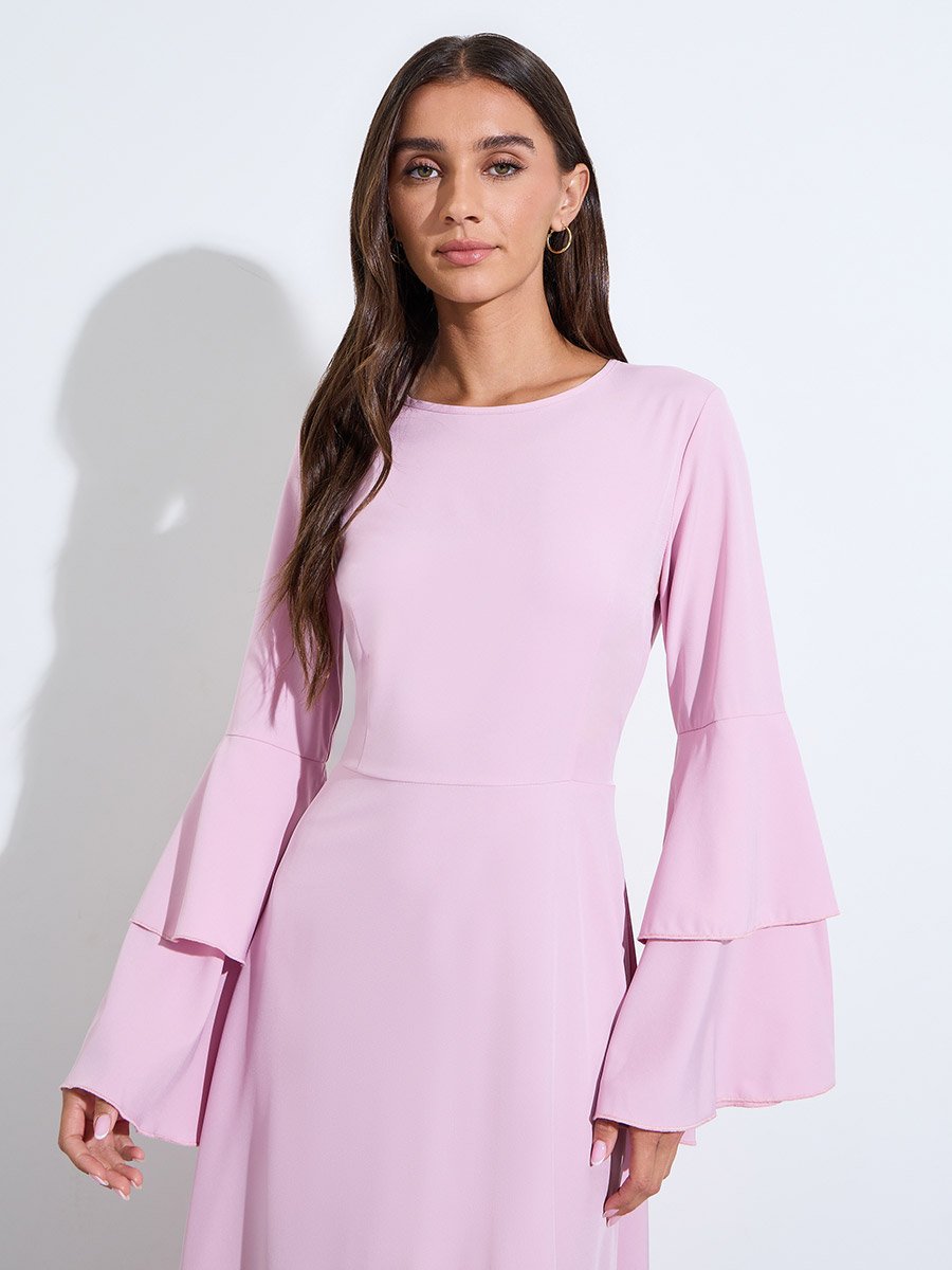 Pink Solid Bell Ruffled Sleeves A-Line Maxi Dress