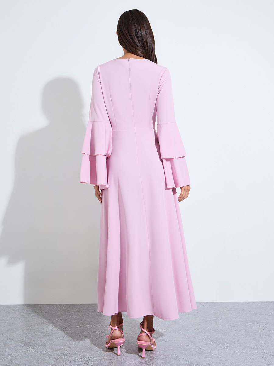 Pink Solid Bell Ruffled Sleeves A-Line Maxi Dress