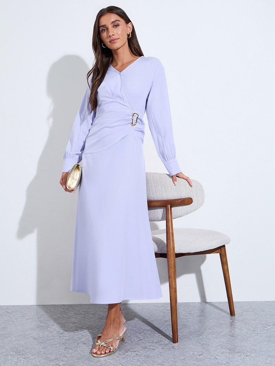 Purple Solid Waist Pleats Long Sleeves Maxi Dress