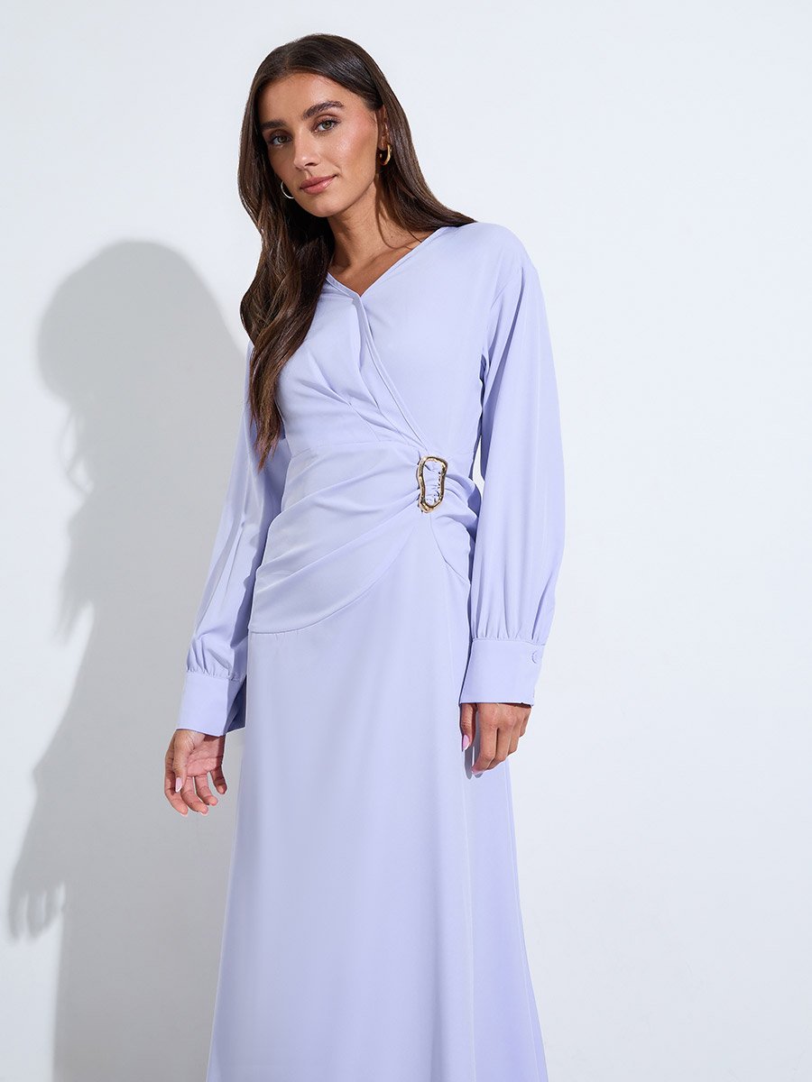 Purple Solid Waist Pleats Long Sleeves Maxi Dress