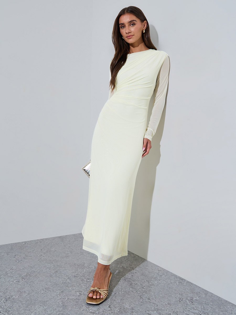 Yellow Solid Side Ruched Detail Mech Maxi Dress