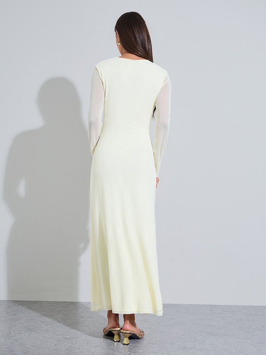 Yellow Solid Side Ruched Detail Mech Maxi Dress