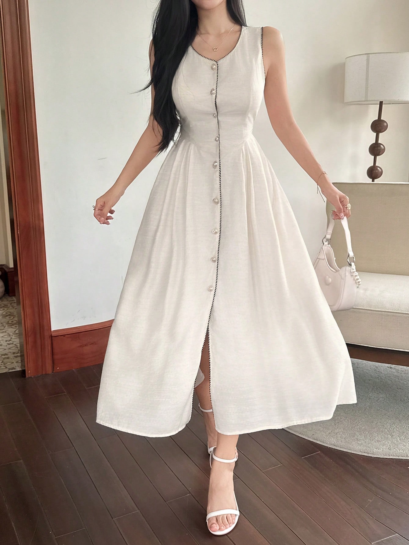 Beige A-Line Sleeveless Ankle-Length Dress
