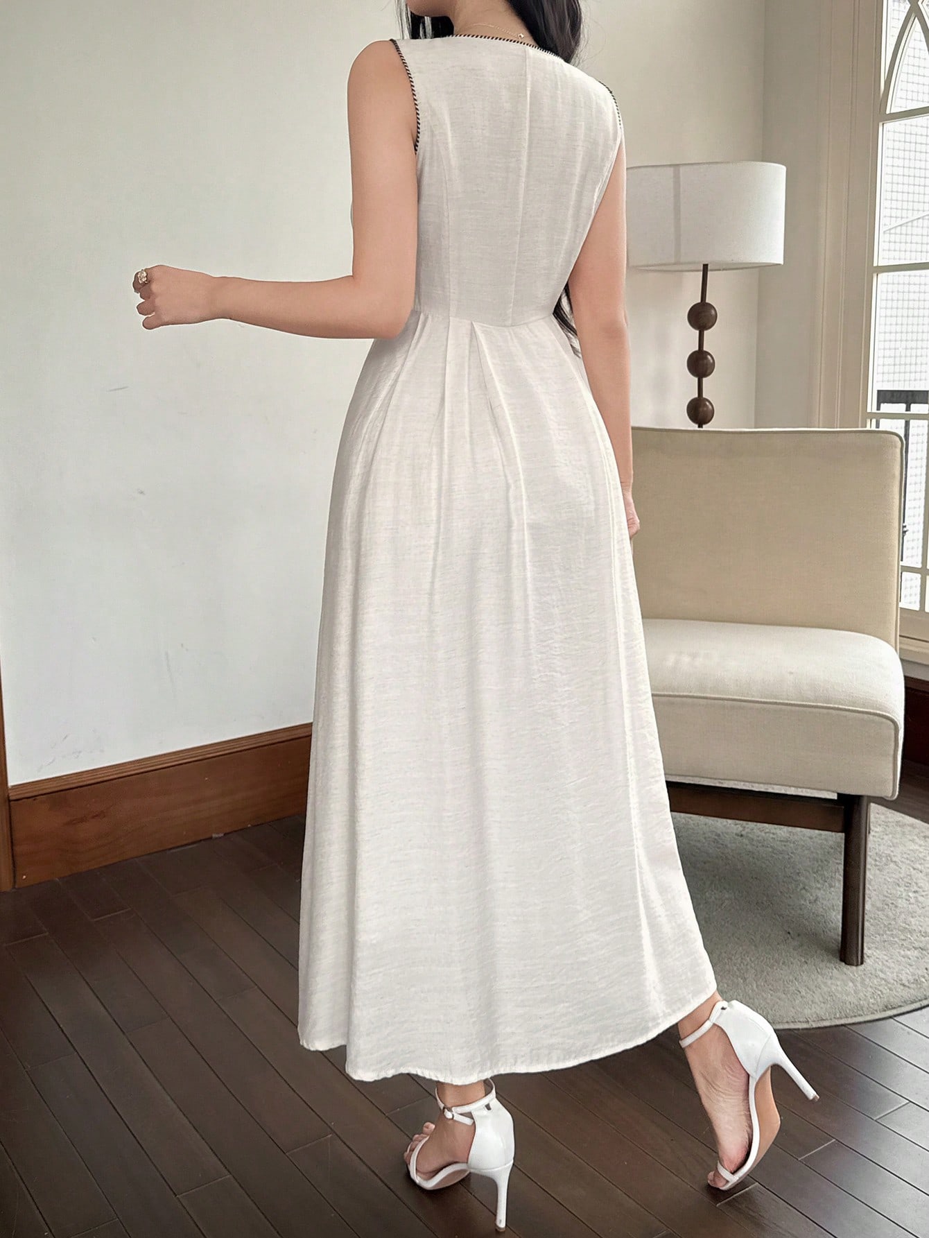 Beige A-Line Sleeveless Ankle-Length Dress