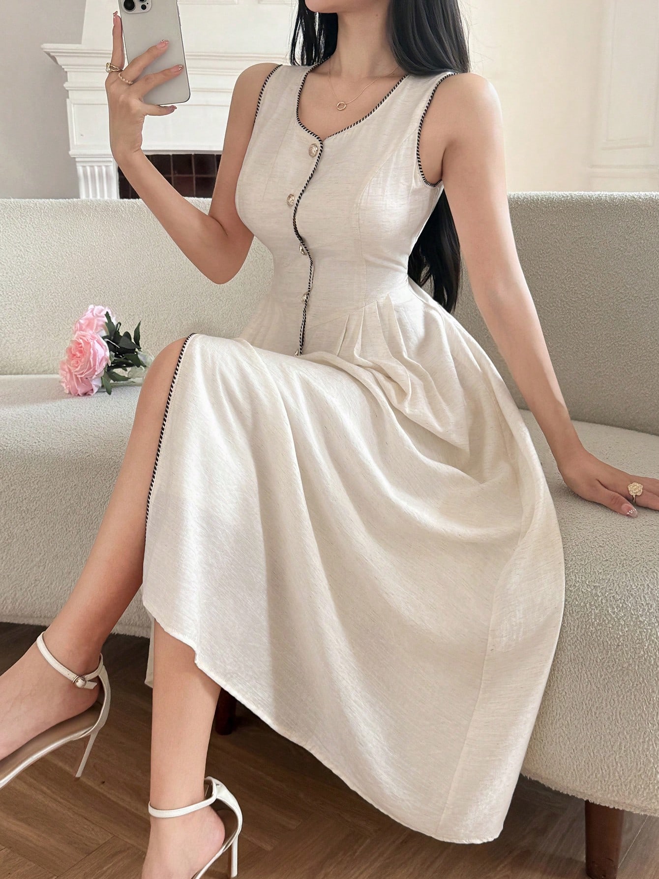 Beige A-Line Sleeveless Ankle-Length Dress