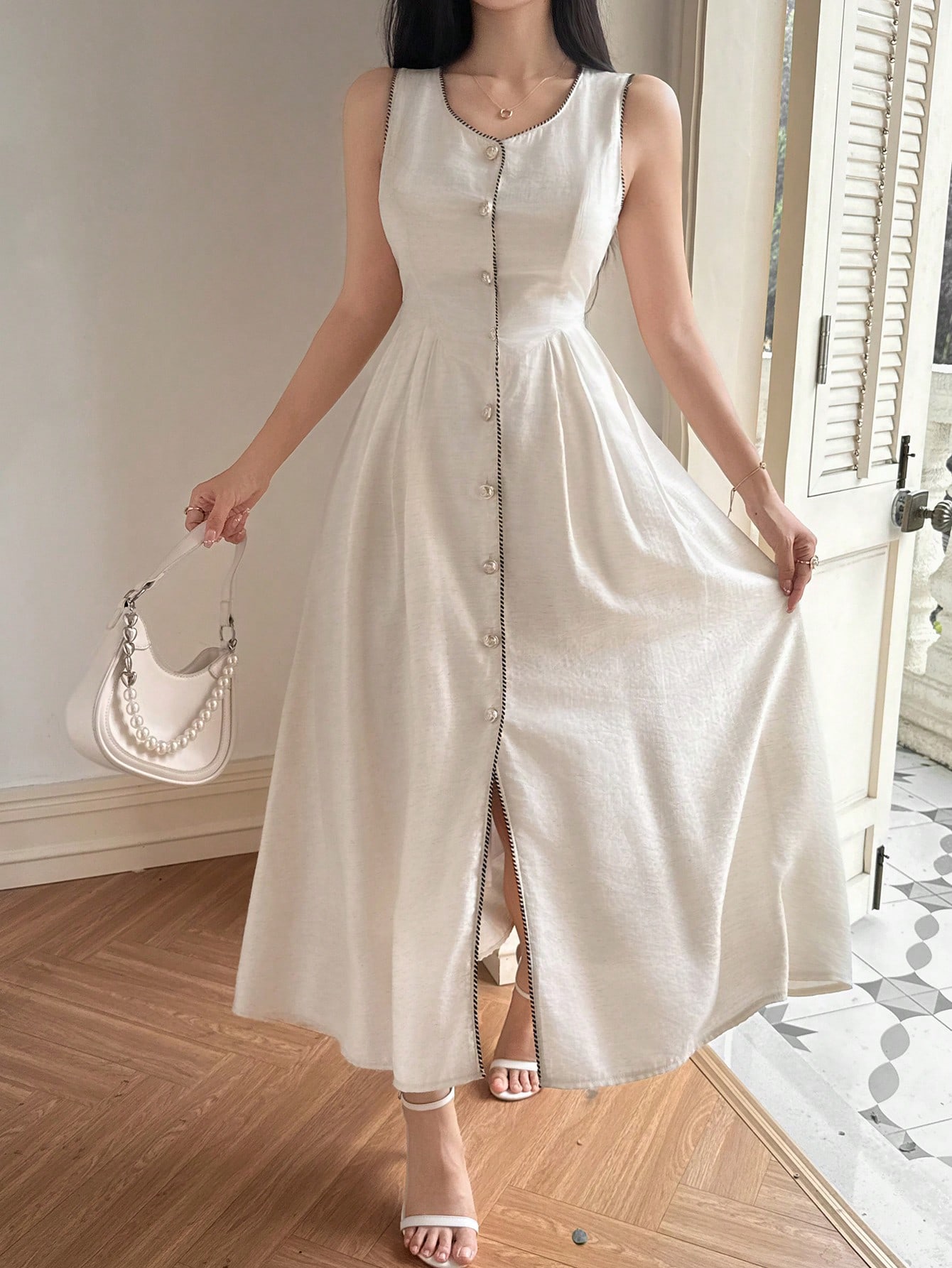 Beige A-Line Sleeveless Ankle-Length Dress