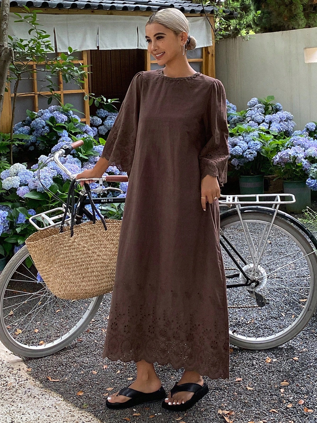 Brown A-Line Maxi Dress with 3/4 Sleeves