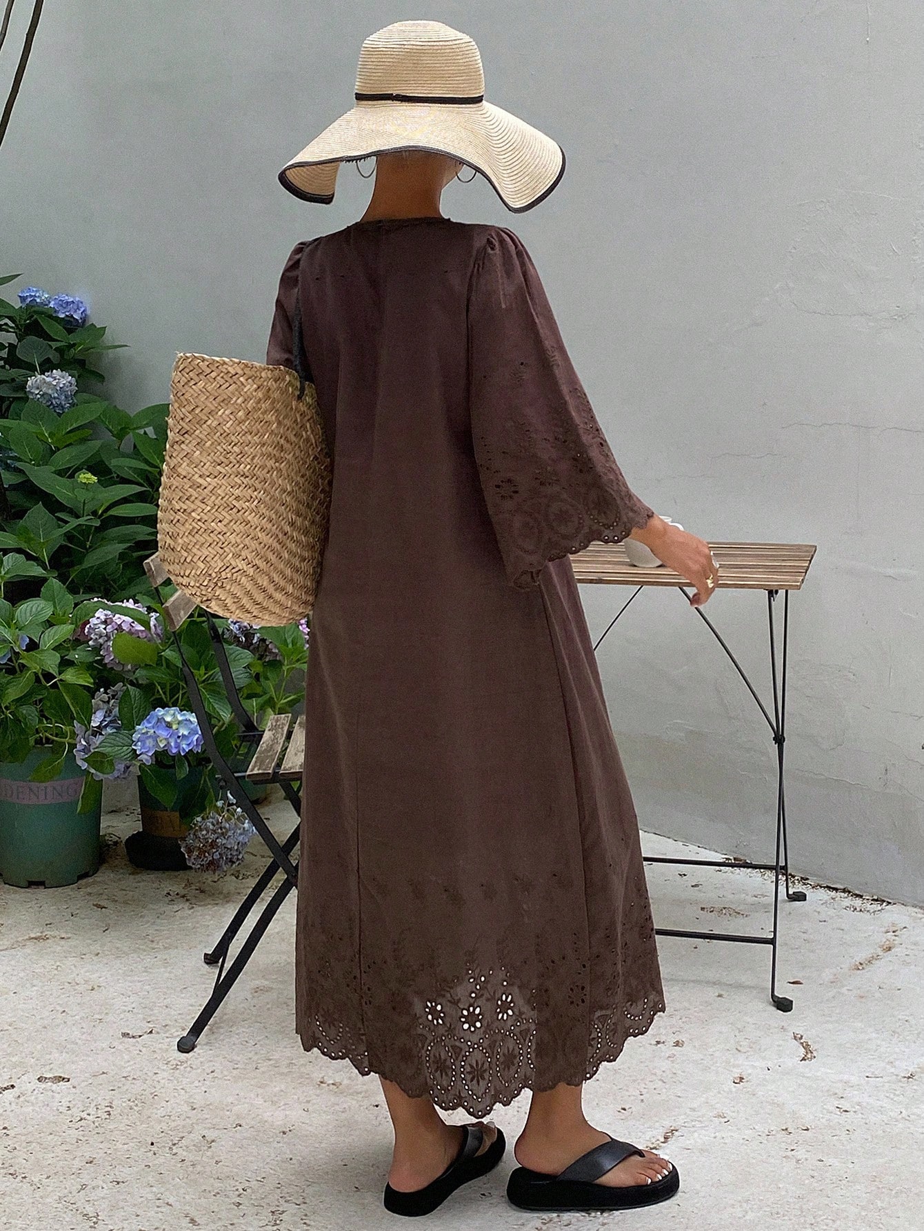 Brown A-Line Maxi Dress with 3/4 Sleeves