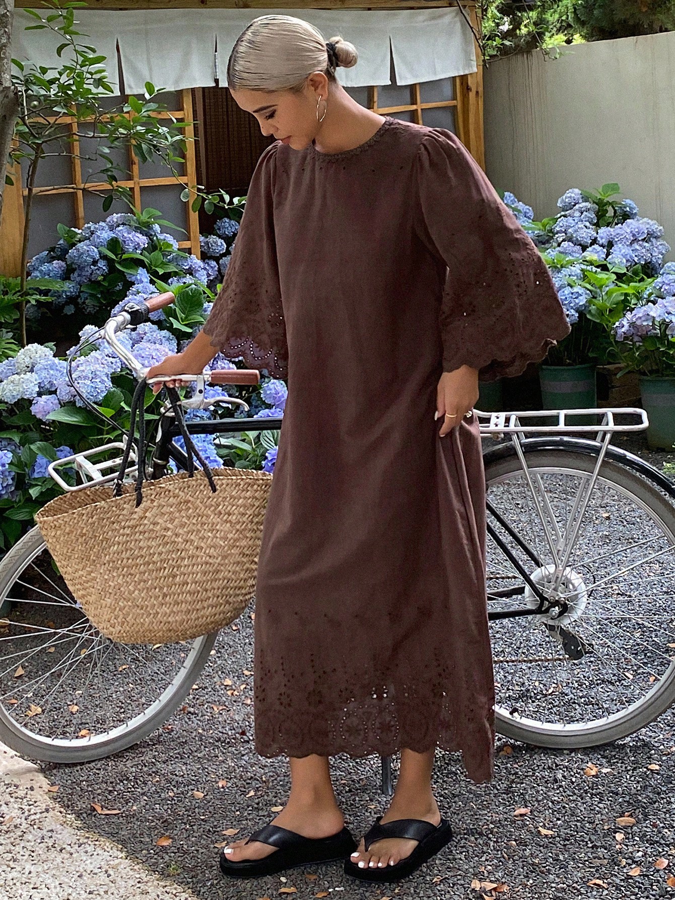 Brown A-Line Maxi Dress with 3/4 Sleeves