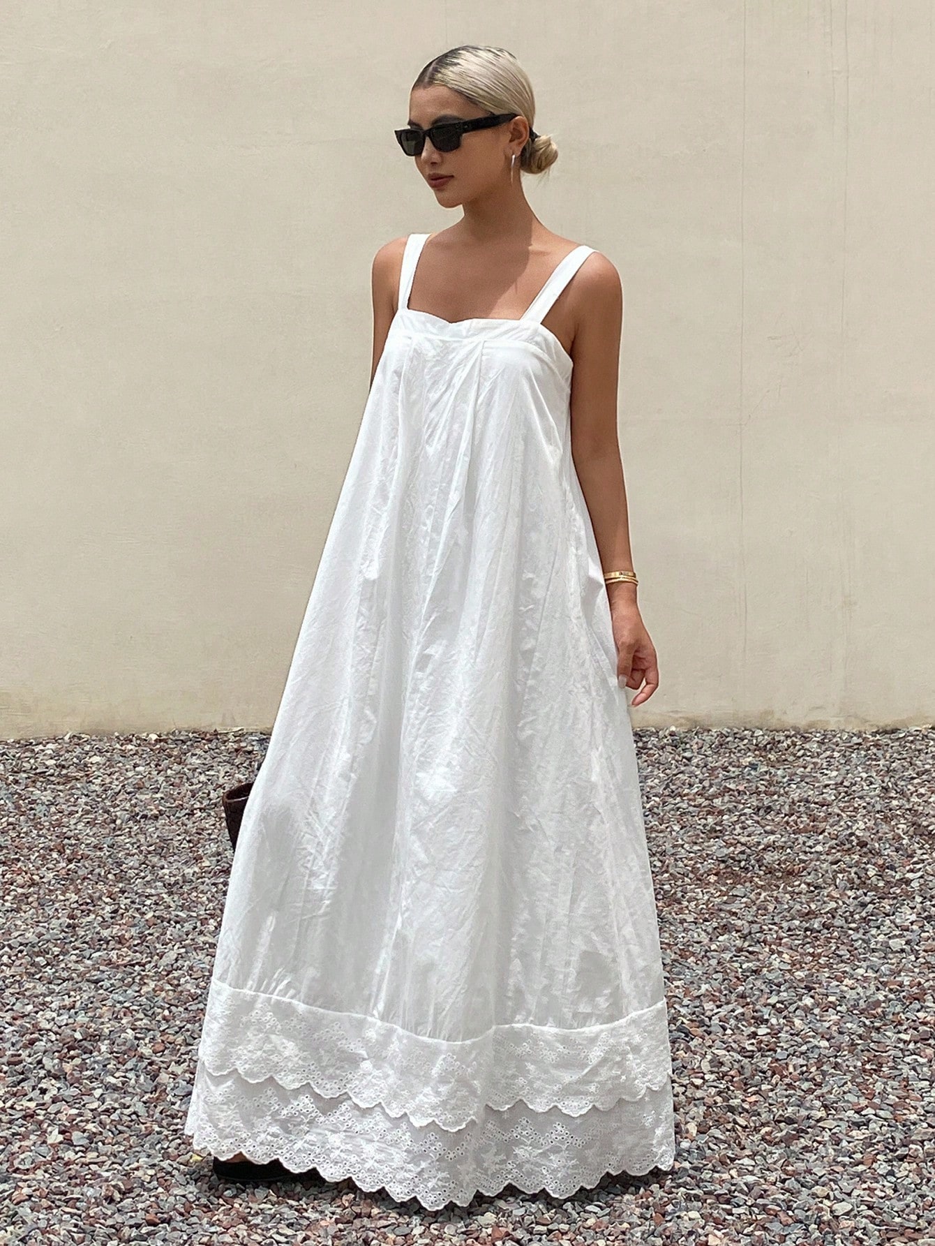 White Sleeveless Maxi Dress with Lace Hem
