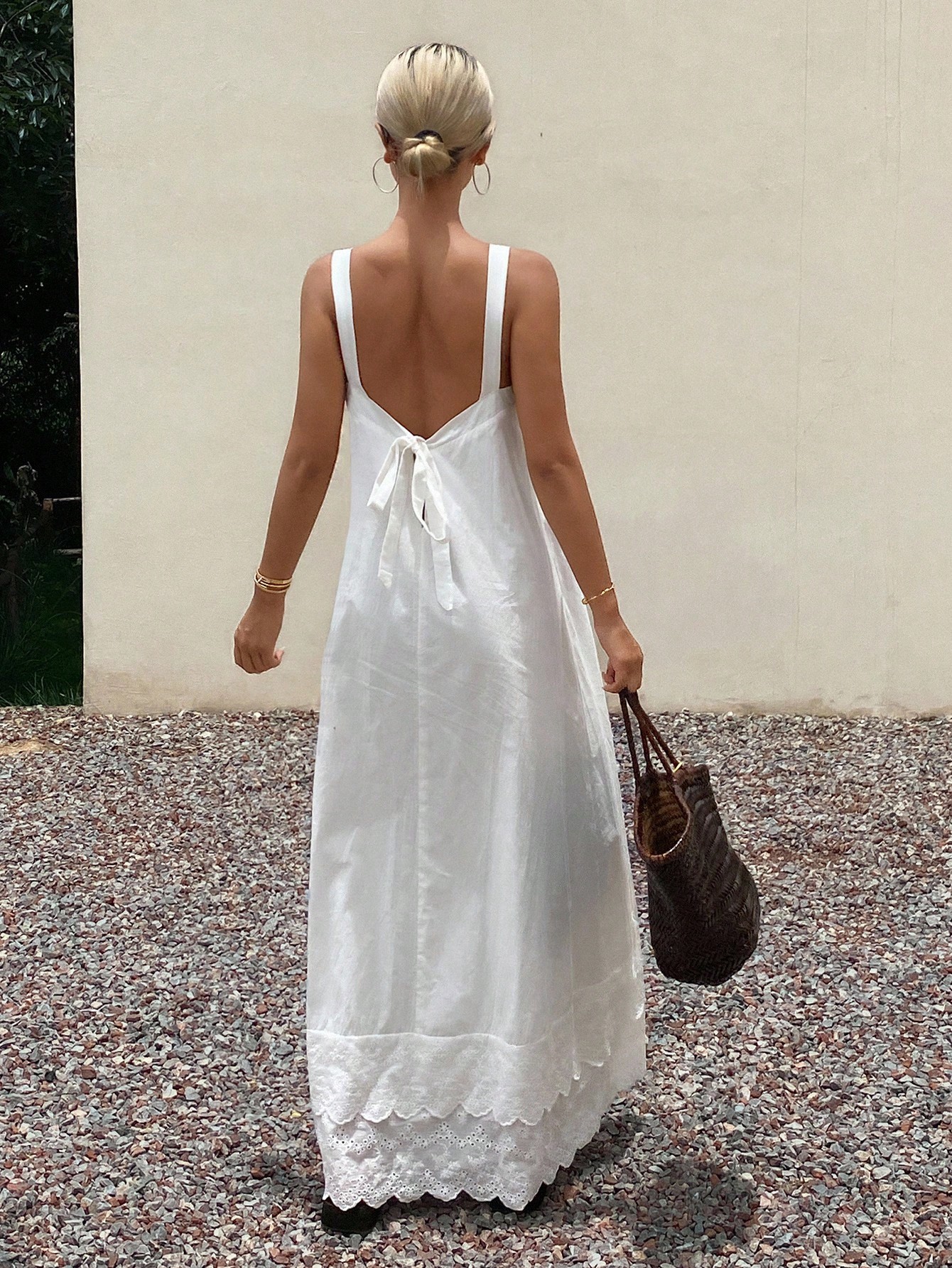 White Sleeveless Maxi Dress with Lace Hem