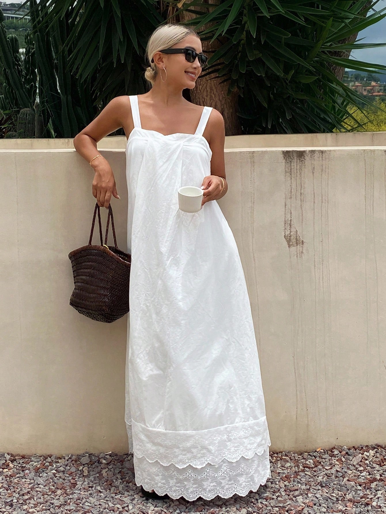 White Sleeveless Maxi Dress with Lace Hem