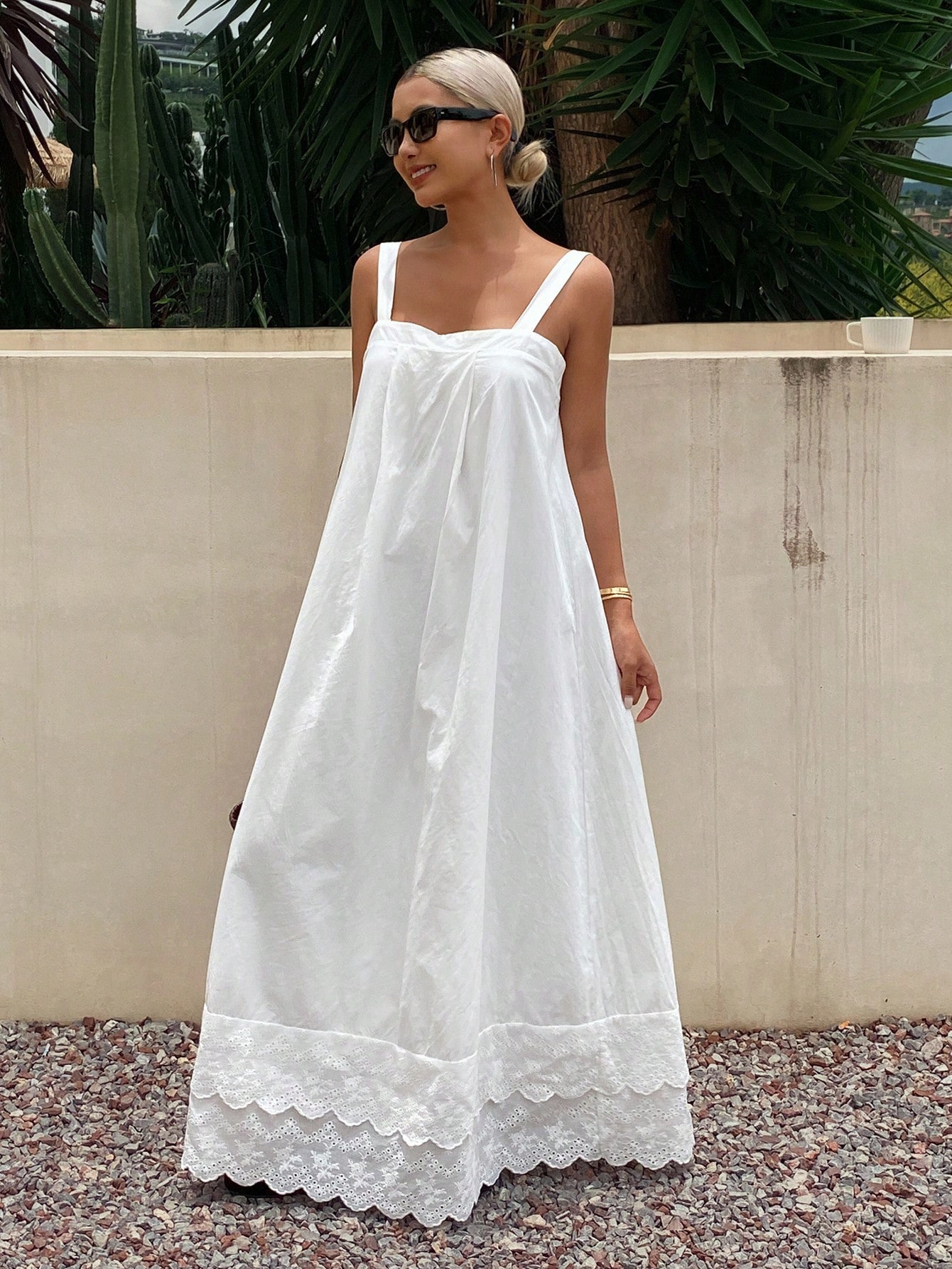 White Sleeveless Maxi Dress with Lace Hem