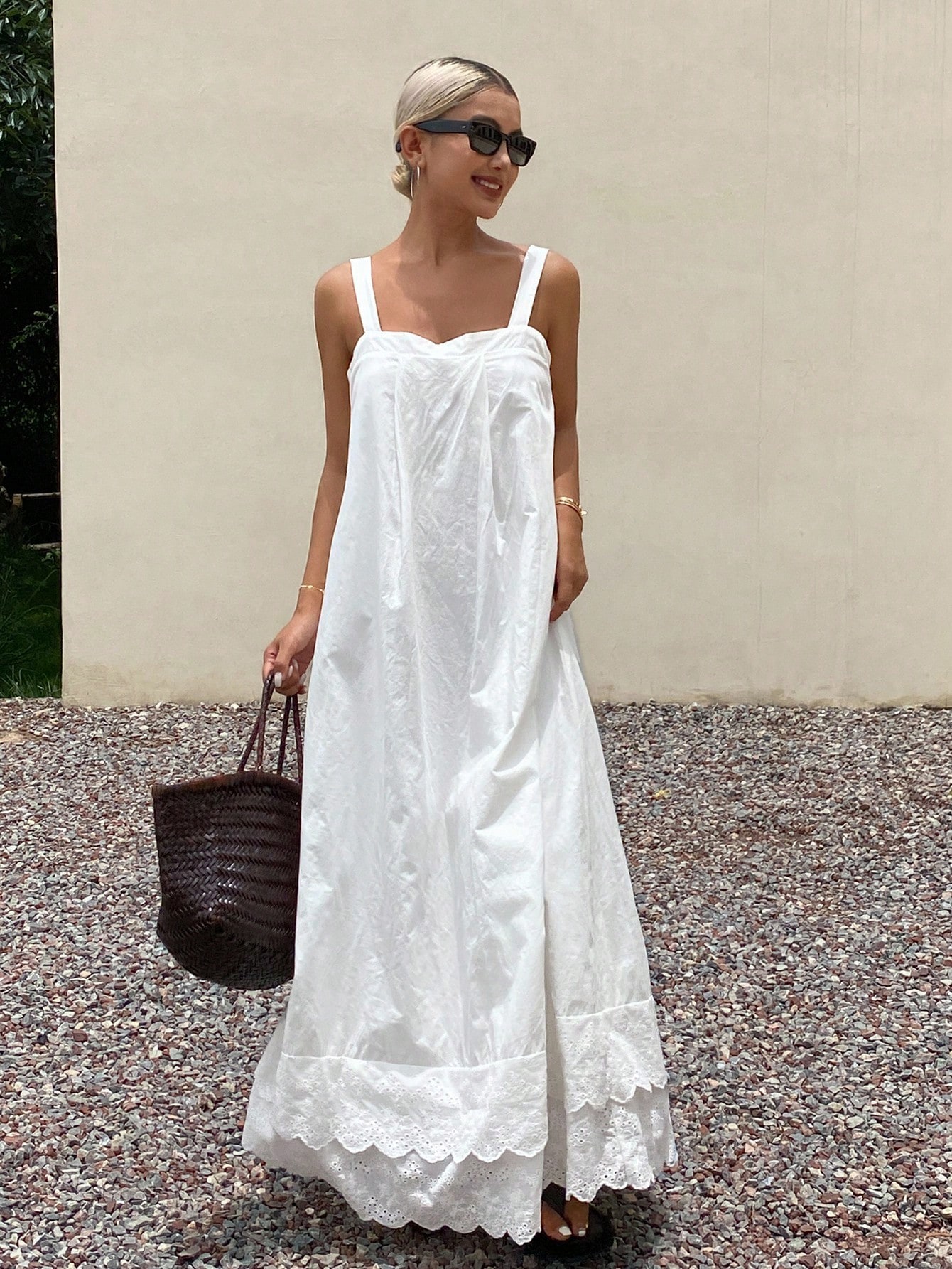 White Sleeveless Maxi Dress with Lace Hem