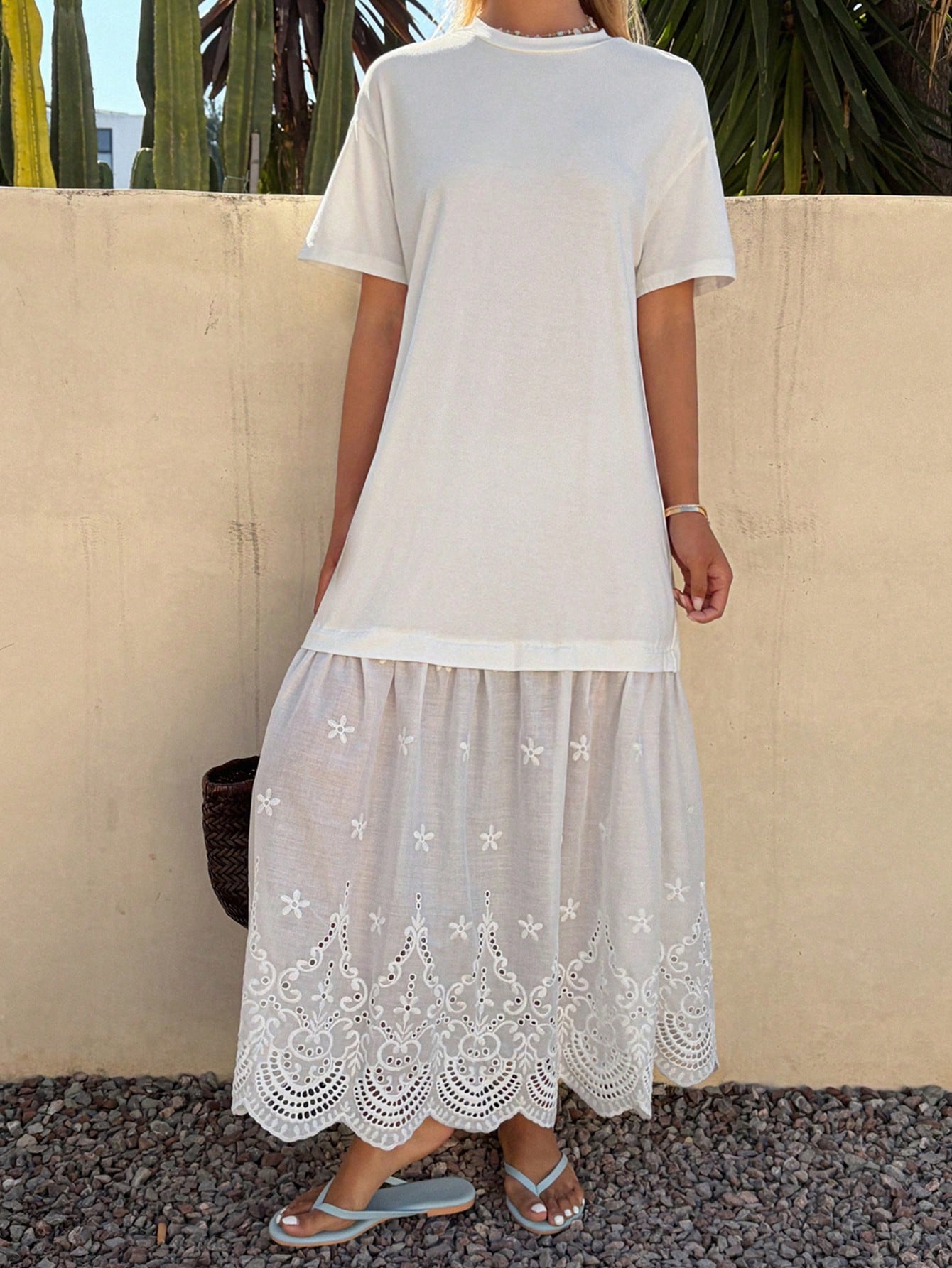 White Short Sleeve A-Line Maxi Dress with Embroidered Hem