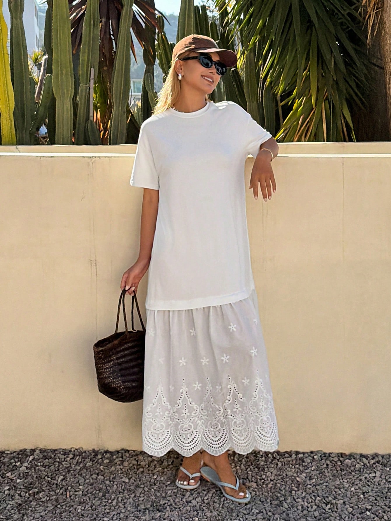 White Short Sleeve A-Line Maxi Dress with Embroidered Hem