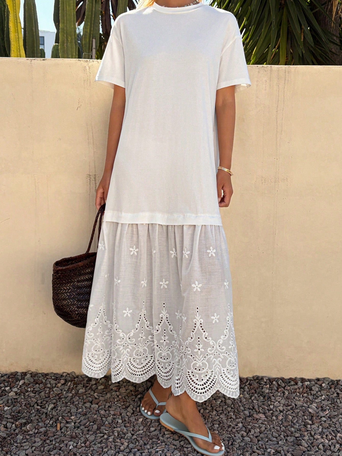 White Short Sleeve A-Line Maxi Dress with Embroidered Hem