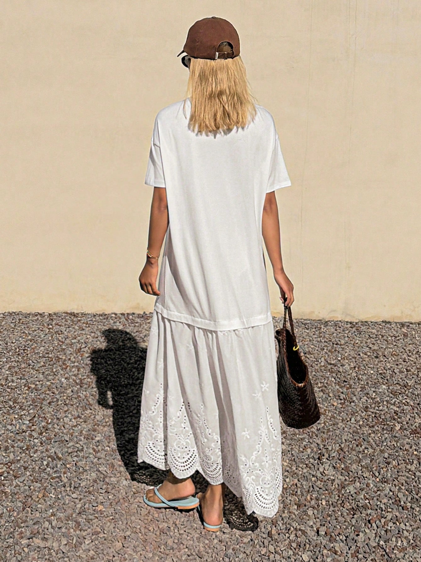 White Short Sleeve A-Line Maxi Dress with Embroidered Hem