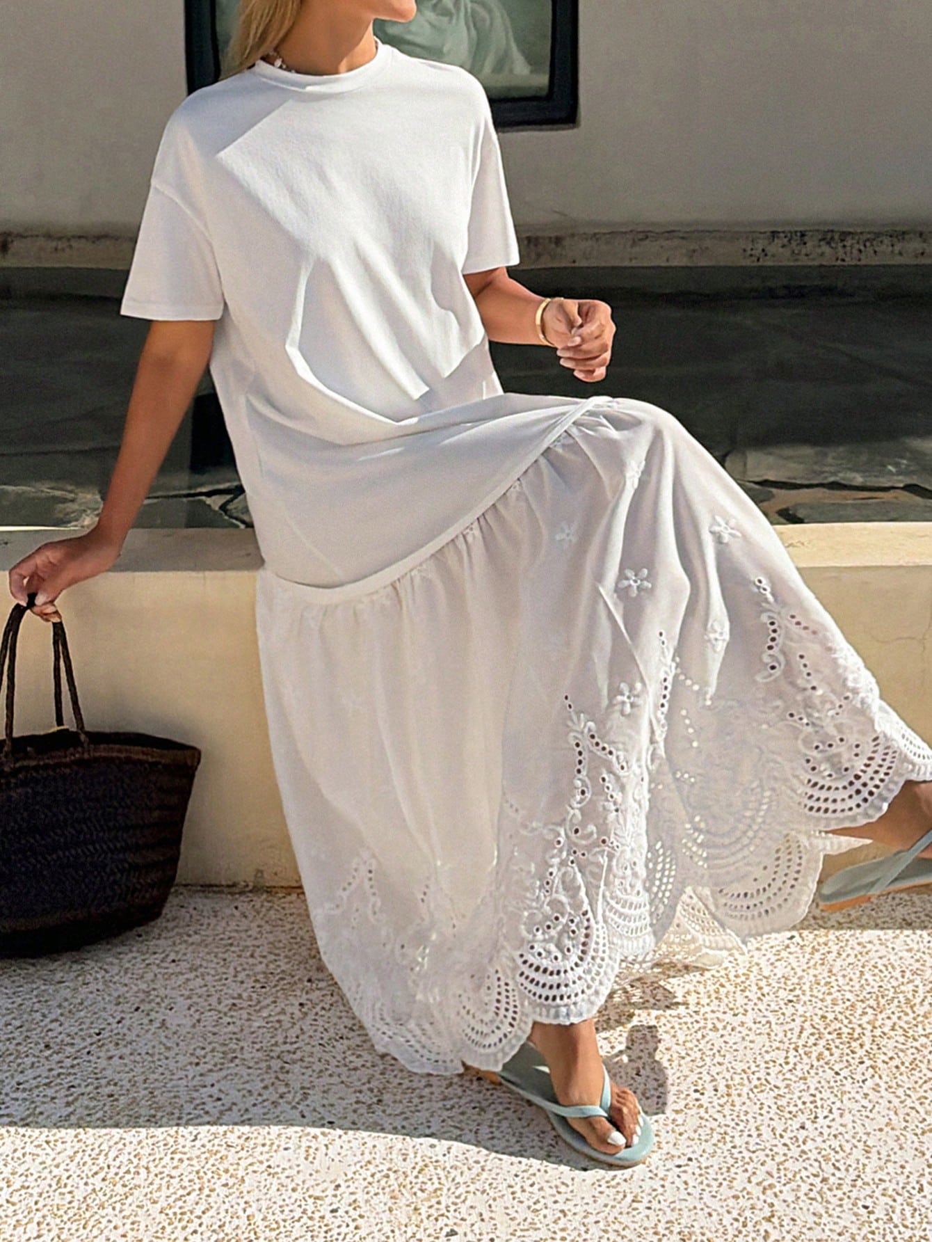 White Short Sleeve A-Line Maxi Dress with Embroidered Hem