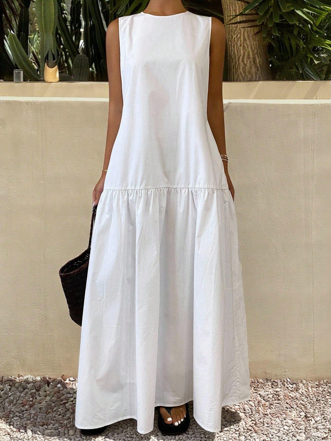 Modest White Maxi A-Line Sleeveless Dress