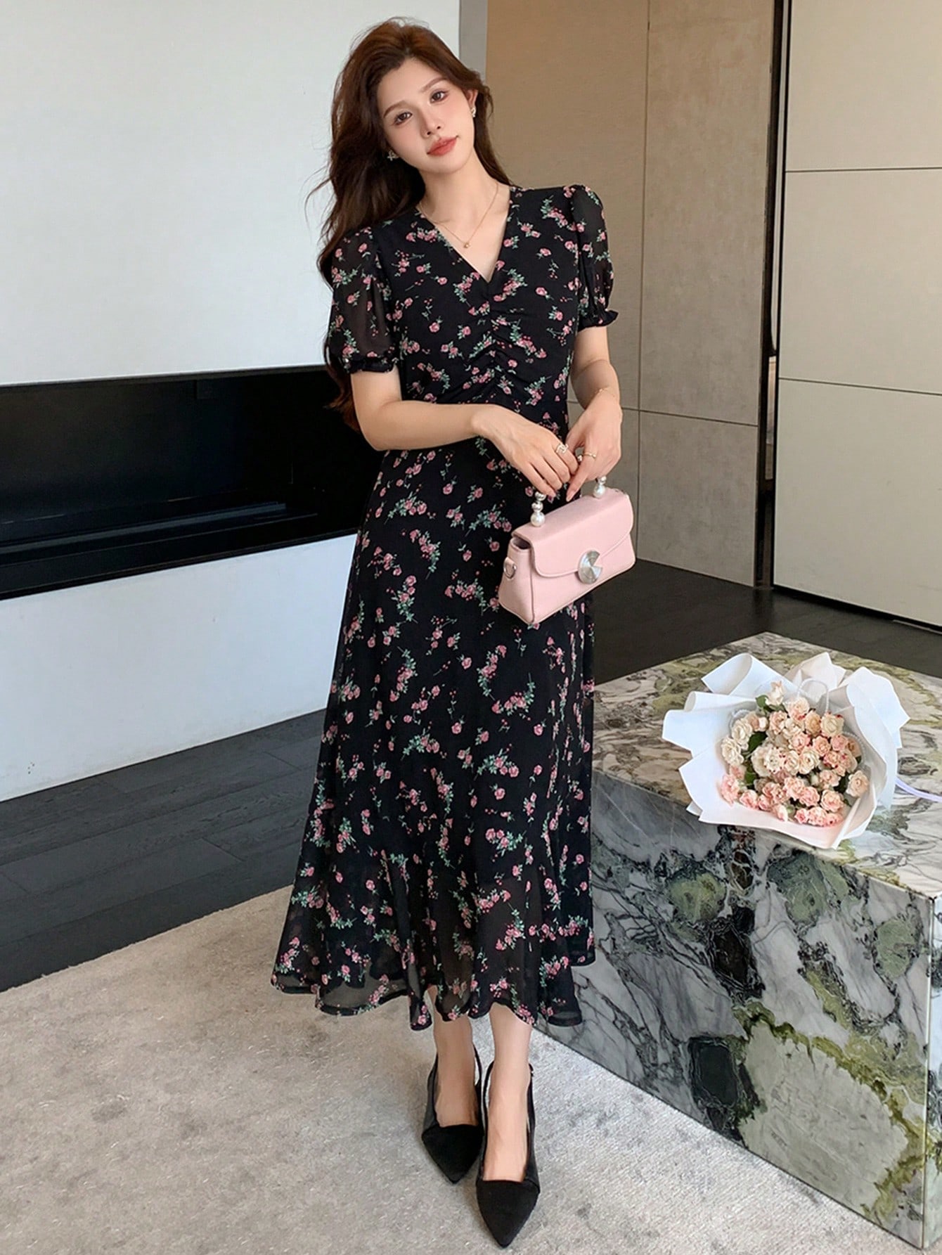 Ditsy Floral Black A-Line Midi Dress with Short Sleeves
