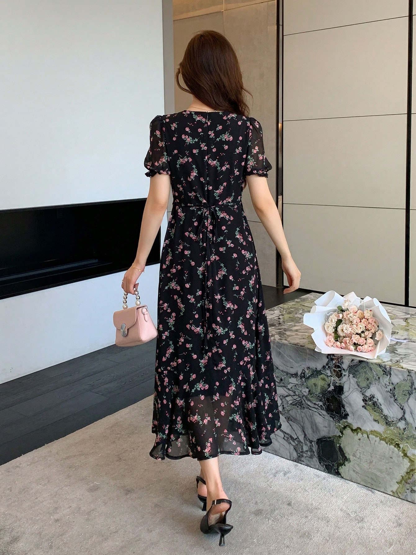 Ditsy Floral Black A-Line Midi Dress with Short Sleeves