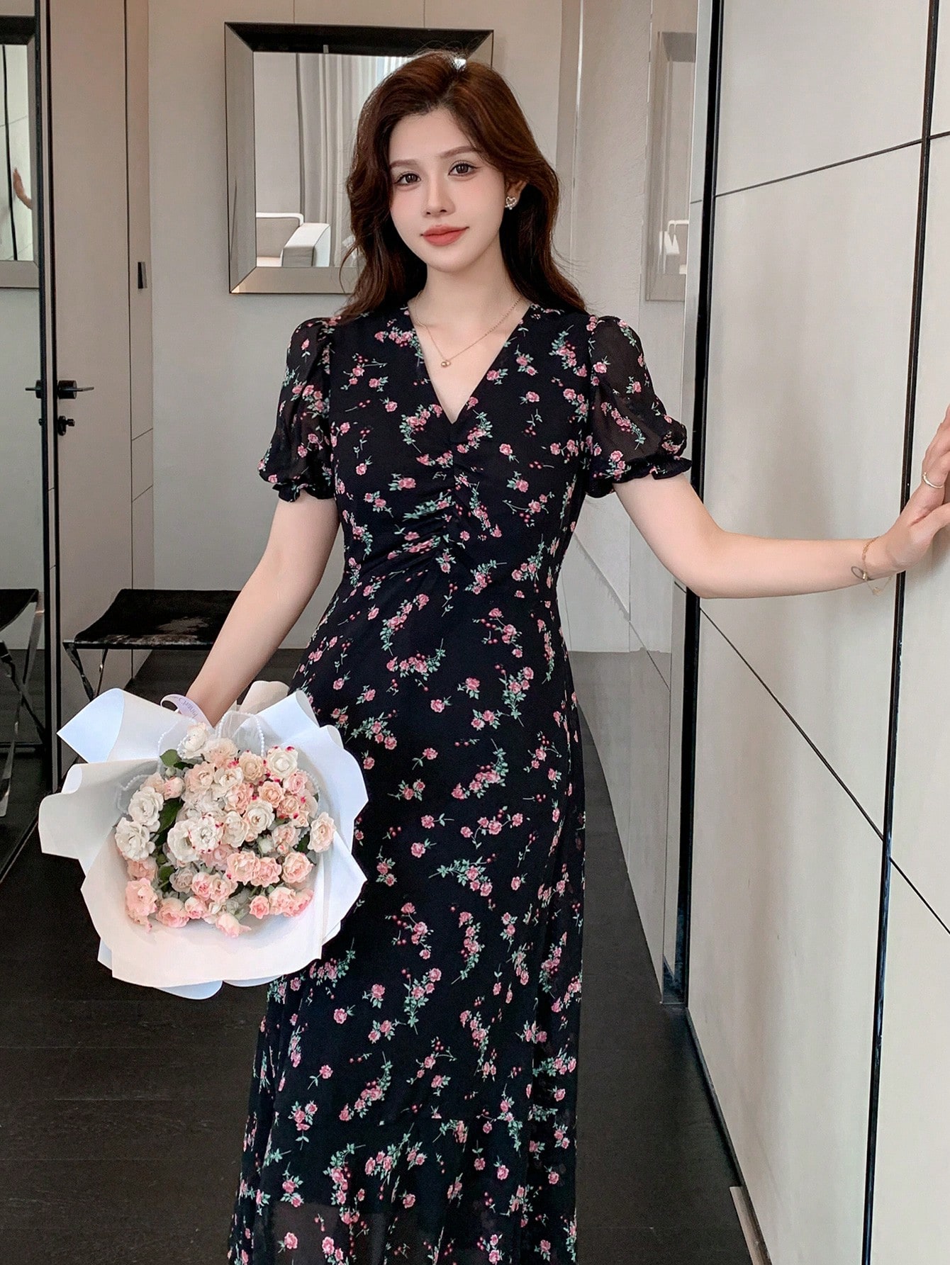 Ditsy Floral Black A-Line Midi Dress with Short Sleeves