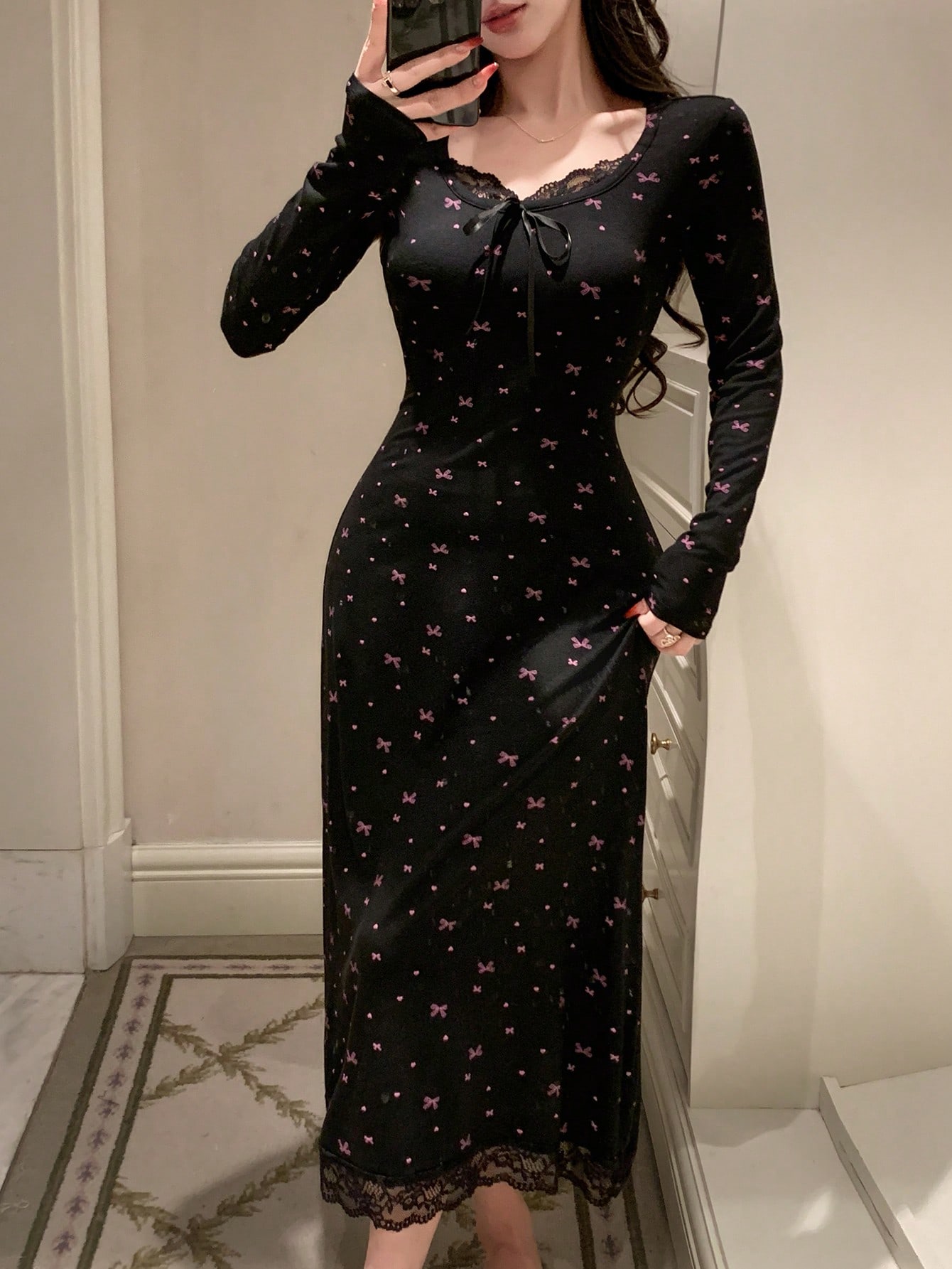 Black Ditsy Bow Print Long Sleeve A-Line Ankle Dress
