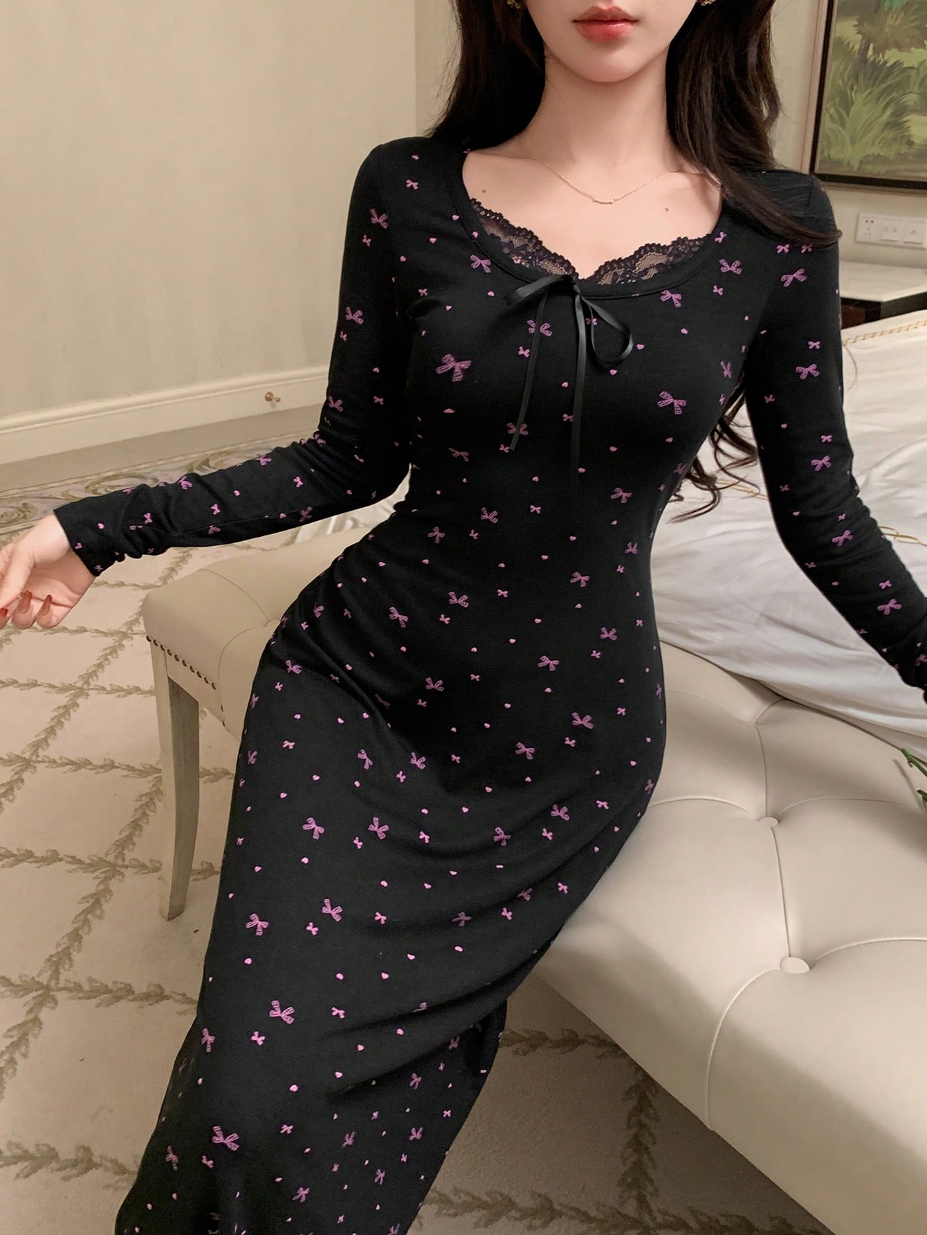 Black Ditsy Bow Print Long Sleeve A-Line Ankle Dress