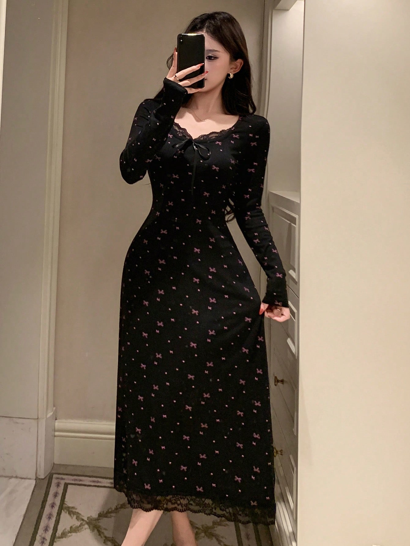 Black Ditsy Bow Print Long Sleeve A-Line Ankle Dress