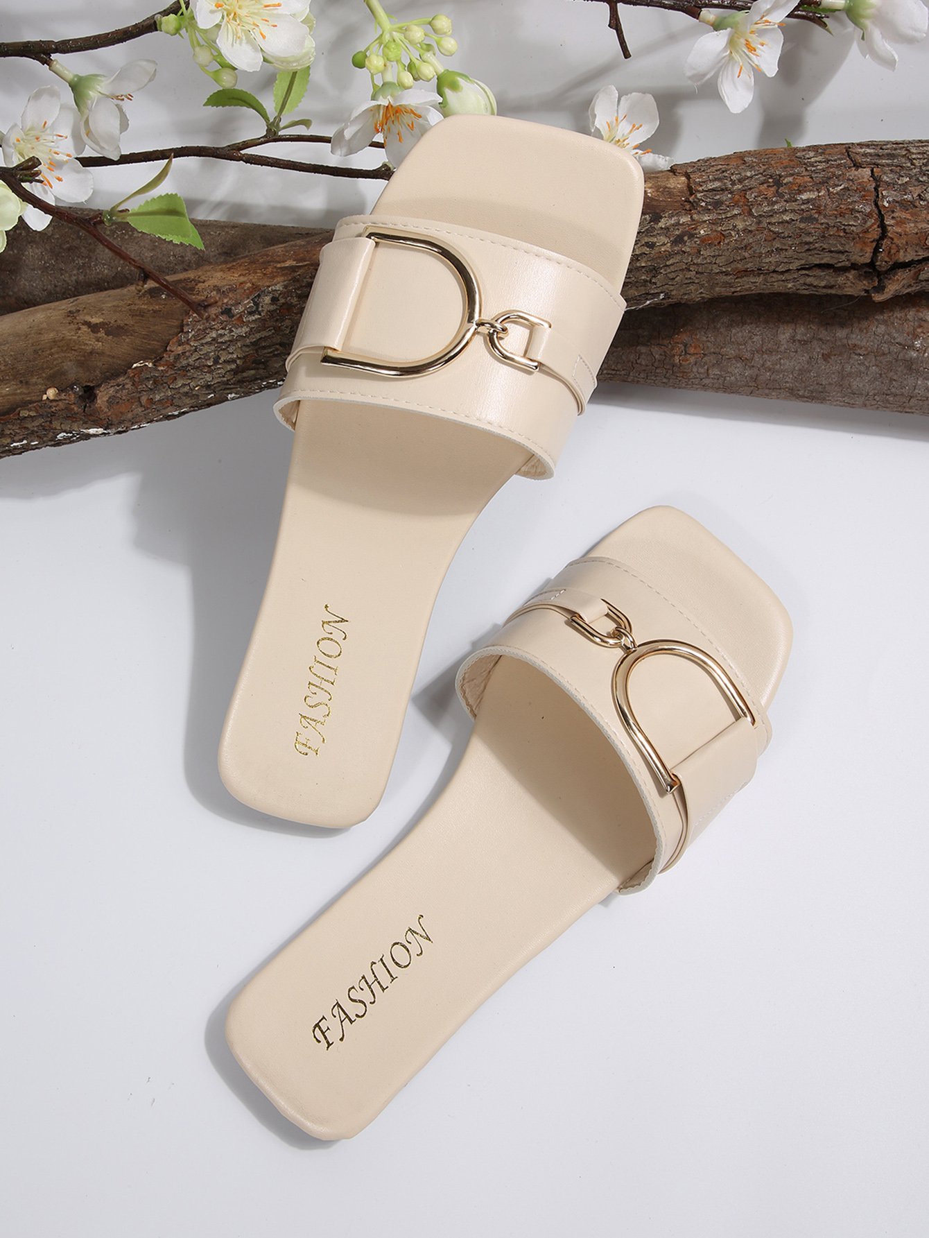 Beige Embellished Slip On Sandals