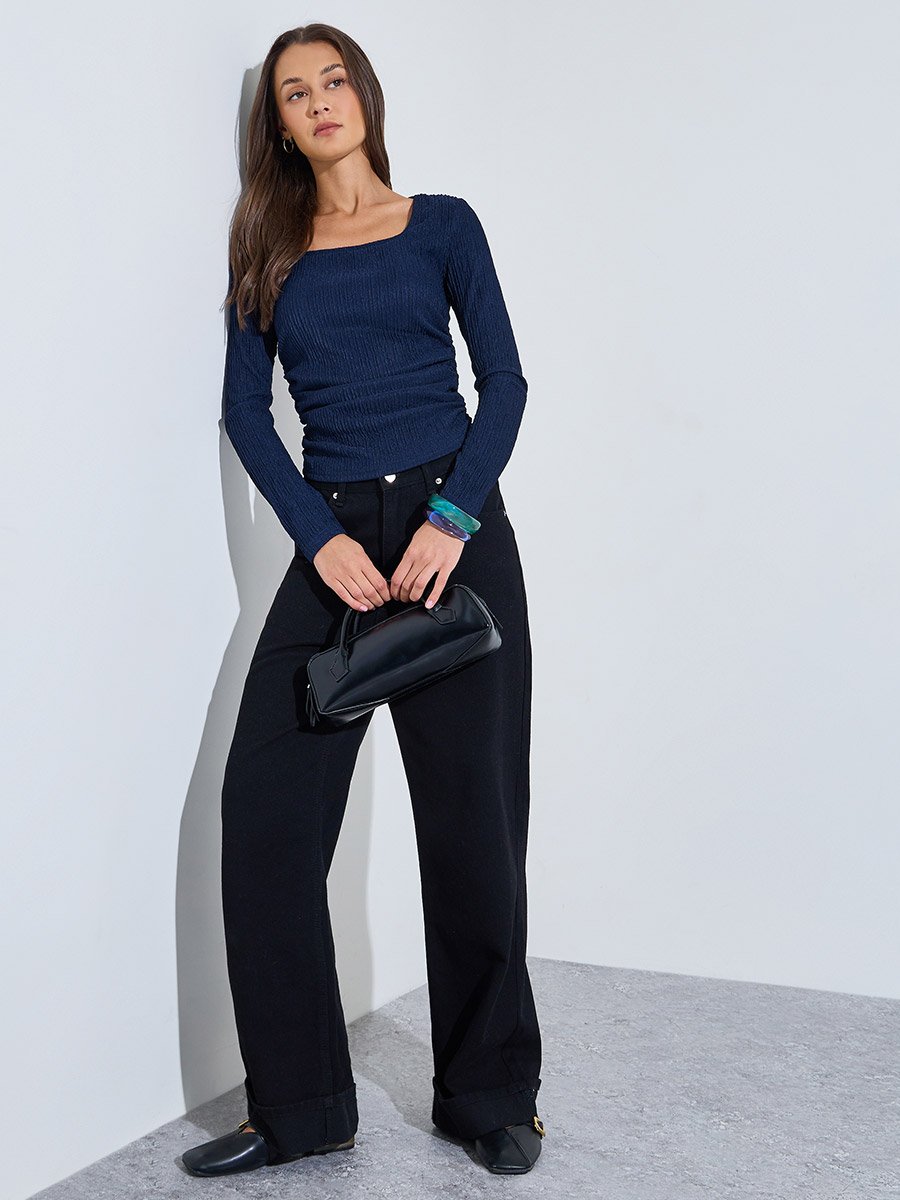 Navy Blue Textured Square Neck Long Sleeves Top