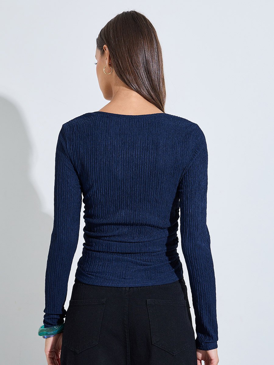 Navy Blue Textured Square Neck Long Sleeves Top